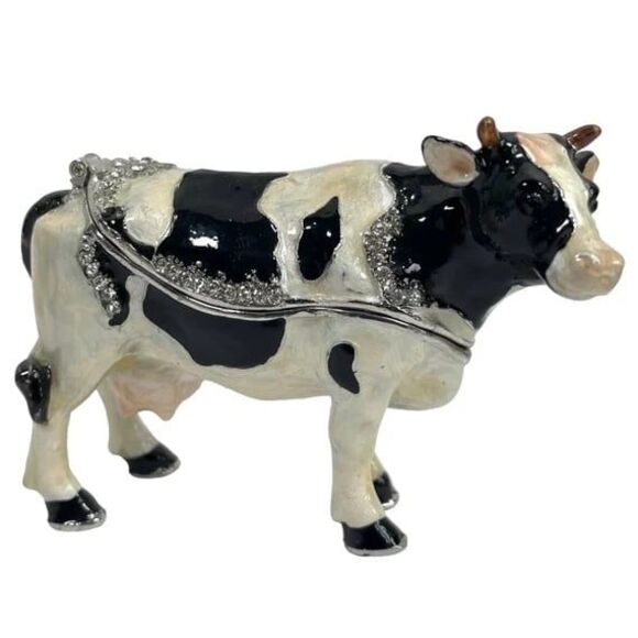 Cow Bejeweled Hand Painted Enamel Collector's Magnetic Hinged Trinket Box - Picture 1 of 5